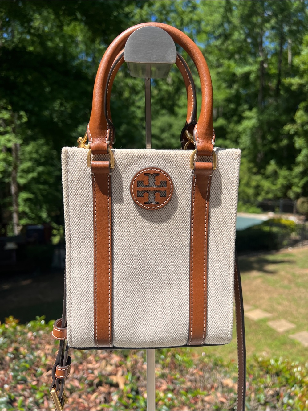 Tory Burch Cream Canvas Crossbody with Tan Leather Trim GUC
